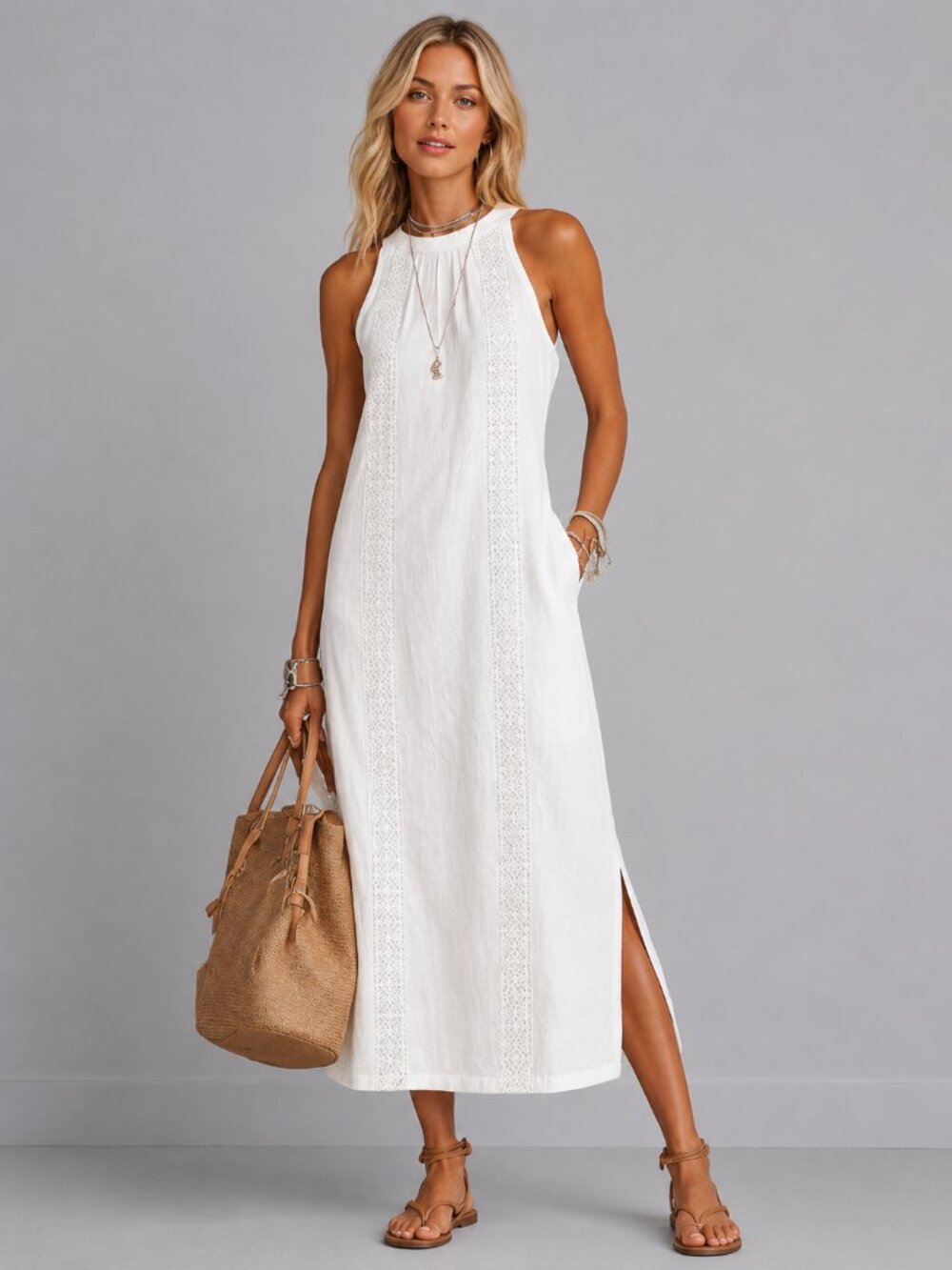Women's White Cotton Lace Midi Dress Sleeveless Side Slit Vacation Resort - Picture 1 of 5